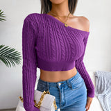 Mixed Knit One-Shoulder Cropped Sweater