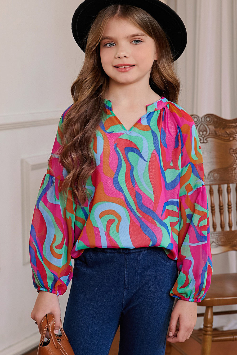 Girls Printed Notched Neck Puff Sleeve Blouse