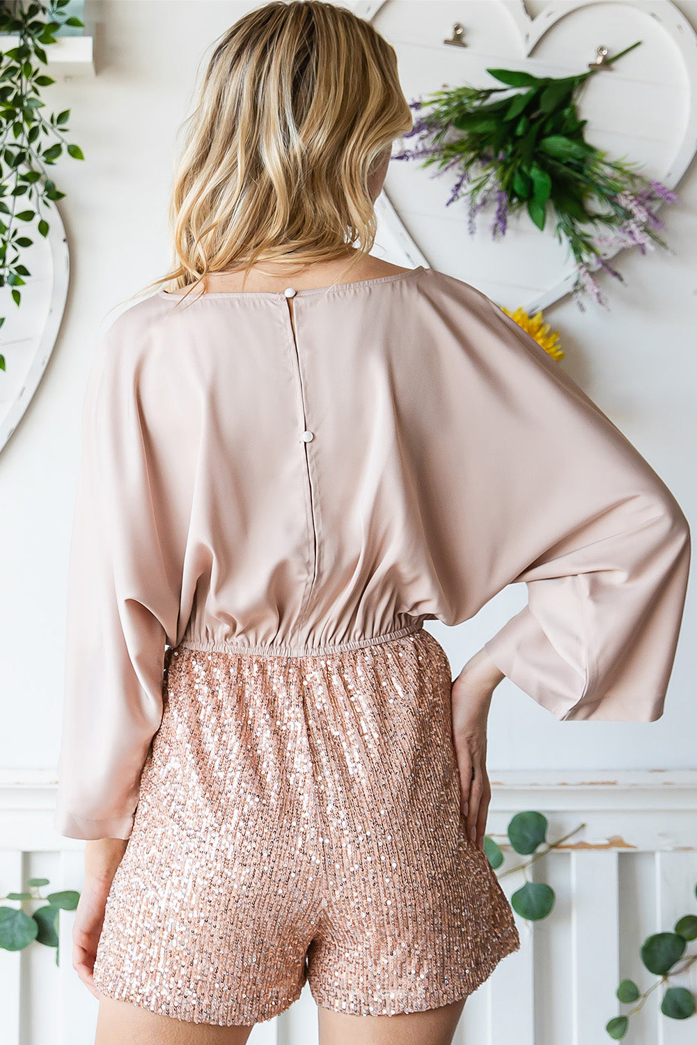 Sequin Drawstring Waist Dolman Sleeve Romper