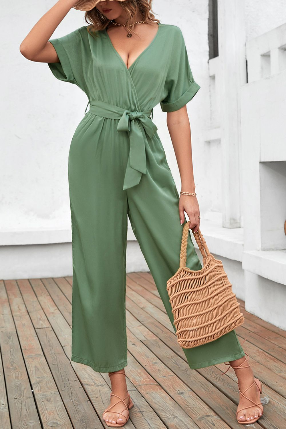 Tie-Waist Surplice Wide Leg Jumpsuit