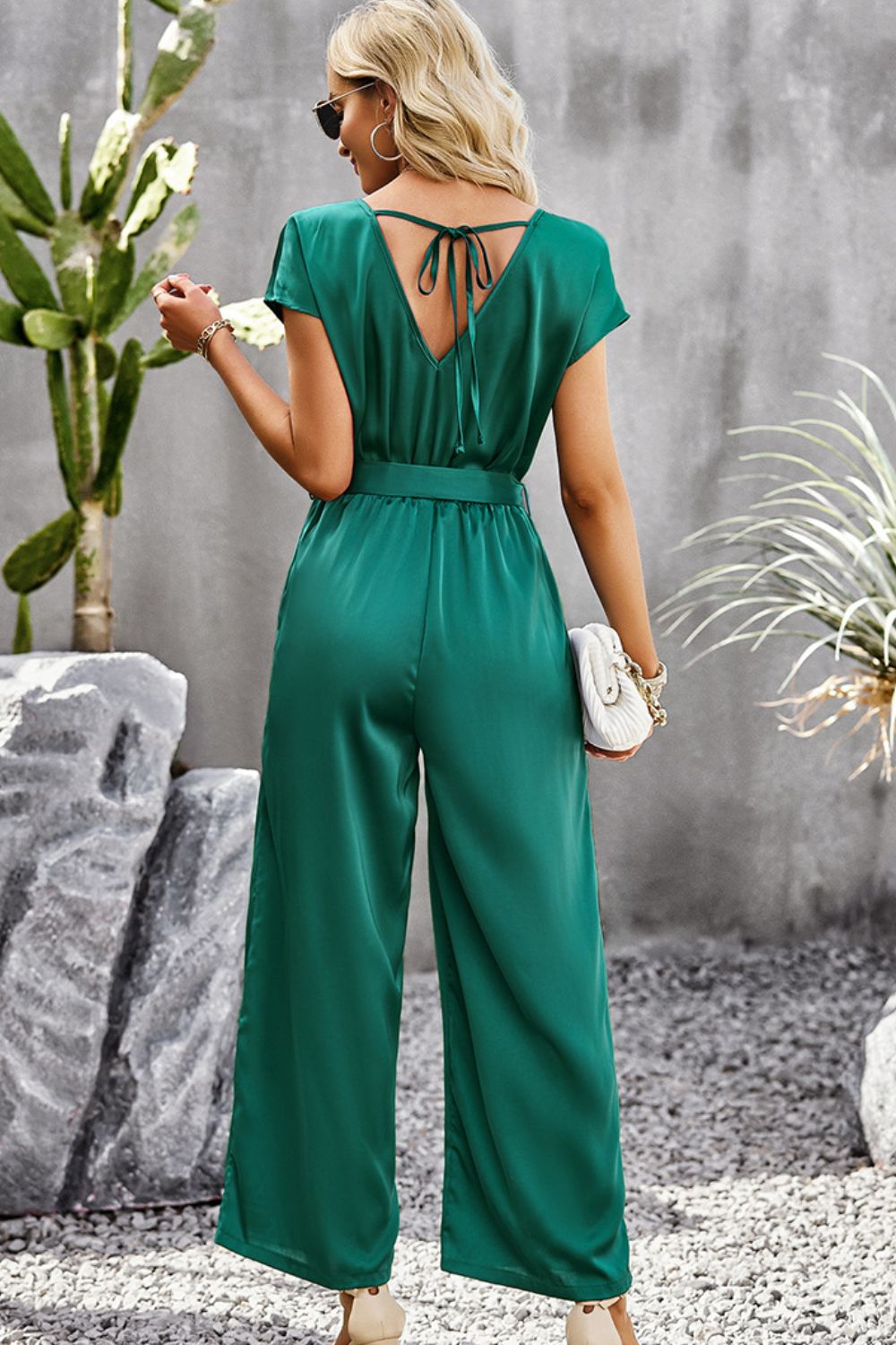 Tie Belt V-Neck Short Sleeve Jumpsuit