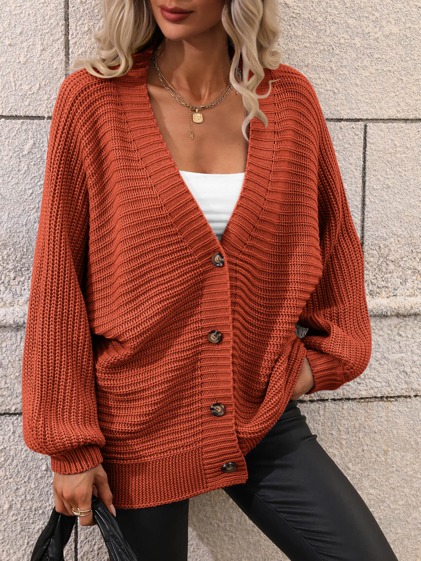 Button Down Horizontal-Ribbing Longline Cardigan