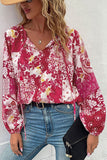 Patchwork Buttoned Tie-Neck Balloon Sleeve Blouse