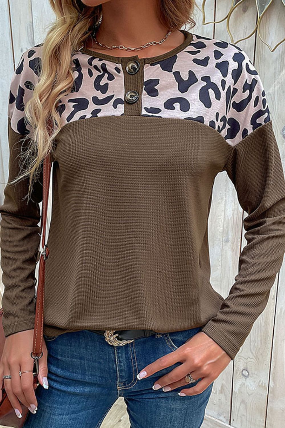 Leopard Buttoned Round Neck Drop Shoulder Top