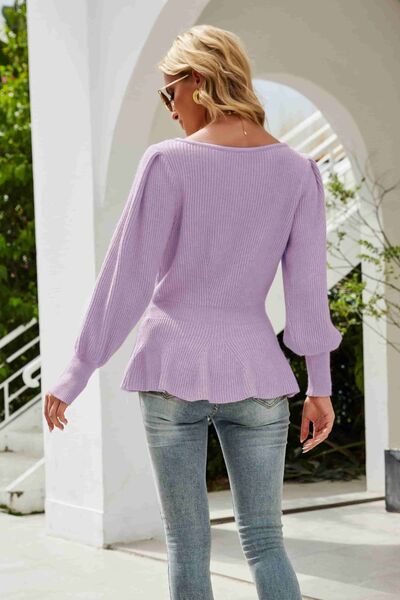 （No）Ribbed Round Neck Lantern Sleeve Sweater