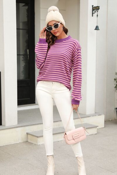 Striped Round Neck Dropped Shoulder Sweater