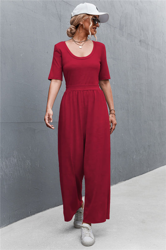 Scoop Neck Half Sleeve Wide Leg Jumpsuit