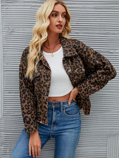 Leopard Button Up Dropped Shoulder Denim Jacket