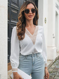 Contrast V-Neck Puff Sleeve Blouse