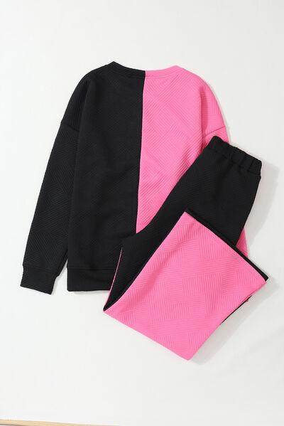 Color Block Round Neck Sweatshirt and Pants Set