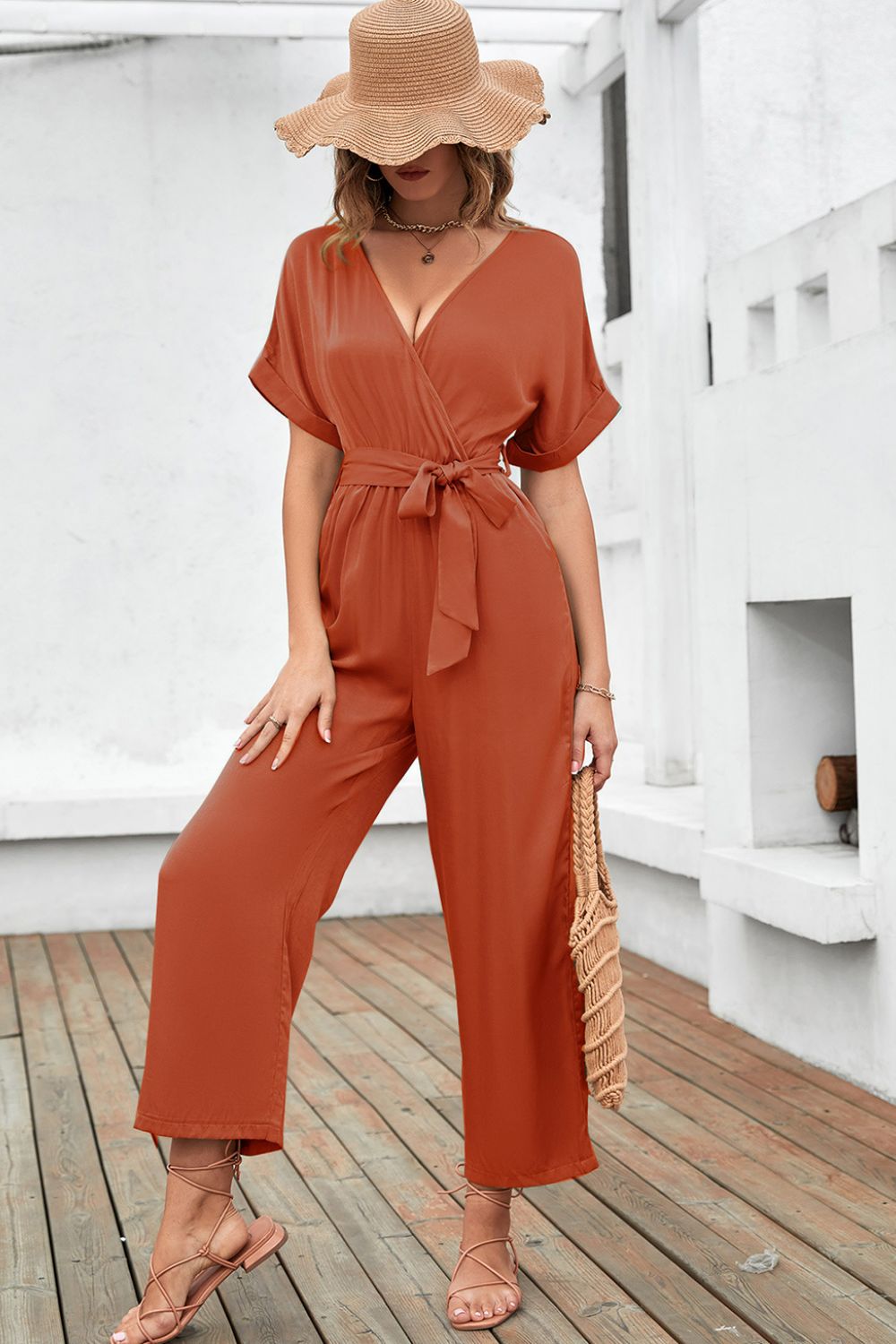 Tie-Waist Surplice Wide Leg Jumpsuit