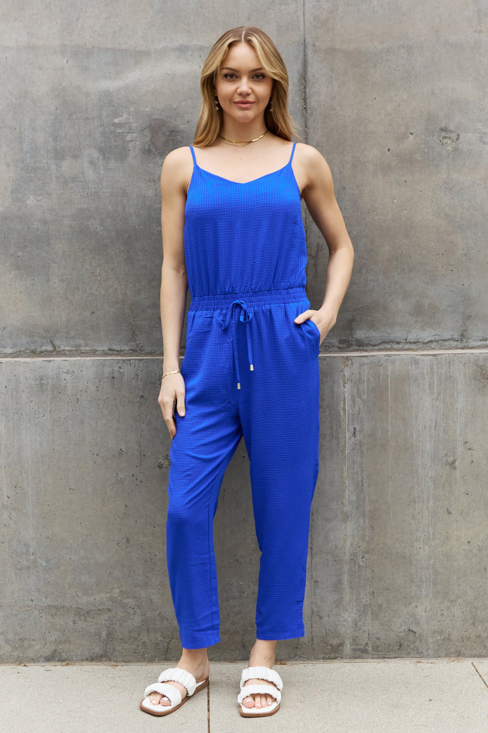 ODDI Full Size Textured Woven Jumpsuit in Royal Blue