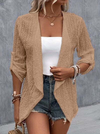 Eyelet Roll-Tab Sleeve Cardigan