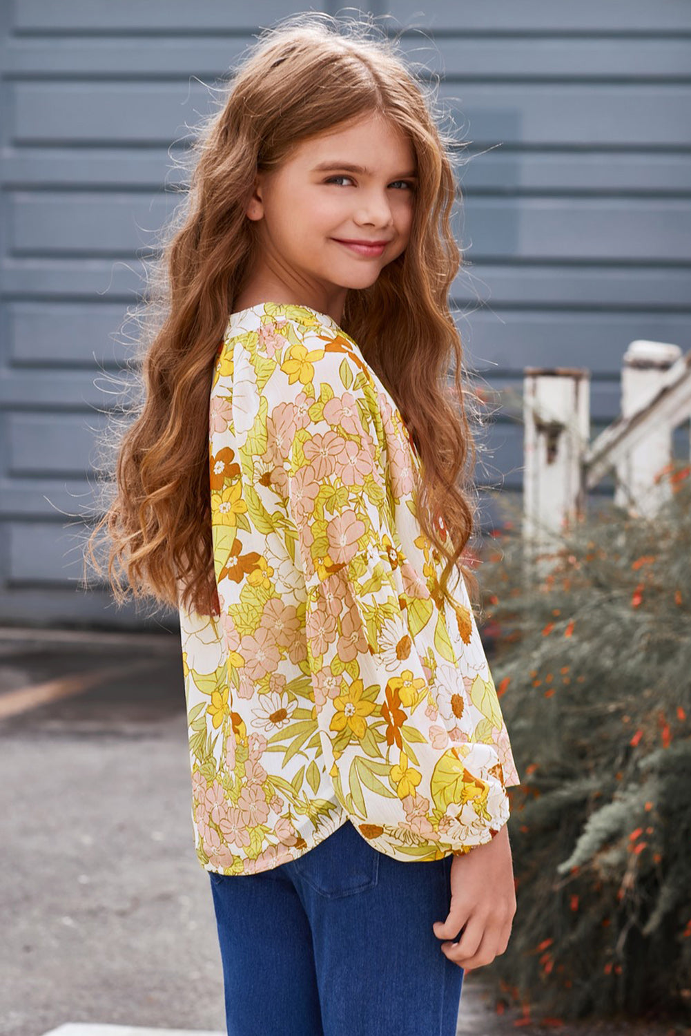 Girls Printed Notched Neck Puff Sleeve Blouse