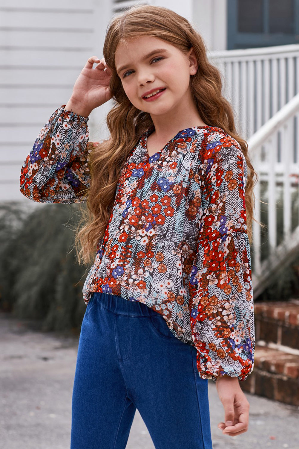 Girls Printed Notched Neck Puff Sleeve Blouse