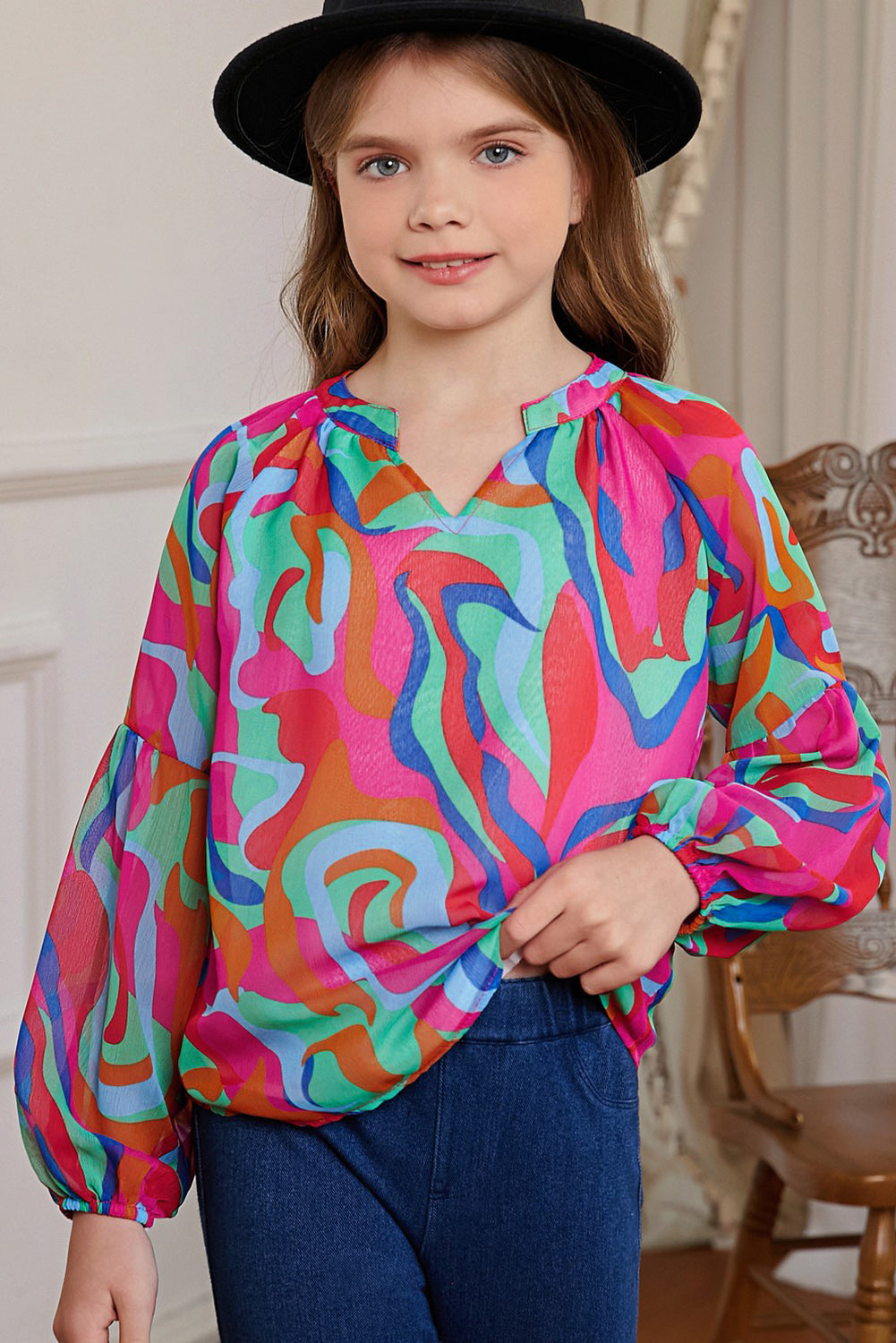 Girls Printed Notched Neck Puff Sleeve Blouse