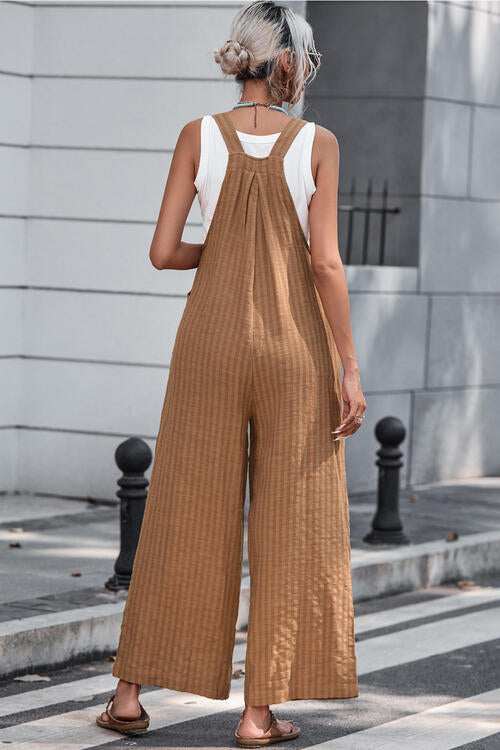 Texture Buttoned Wide Leg Overalls